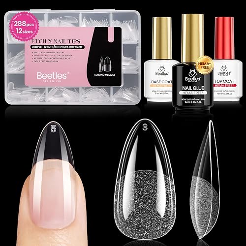 Beetles Gel Nail Kit Etch-X, Medium Almond, 288pcs 12 Sizes Nail tips, 3Pcs 15ml HEMA-Free Nail Glue Top Coat &Base Gel Set, for Acrylic and Clear Press On Nail, Long Lasting Extension DIY Set at Home - 3-2 Almond Medium 288pcs (Etch X Nail Kit)