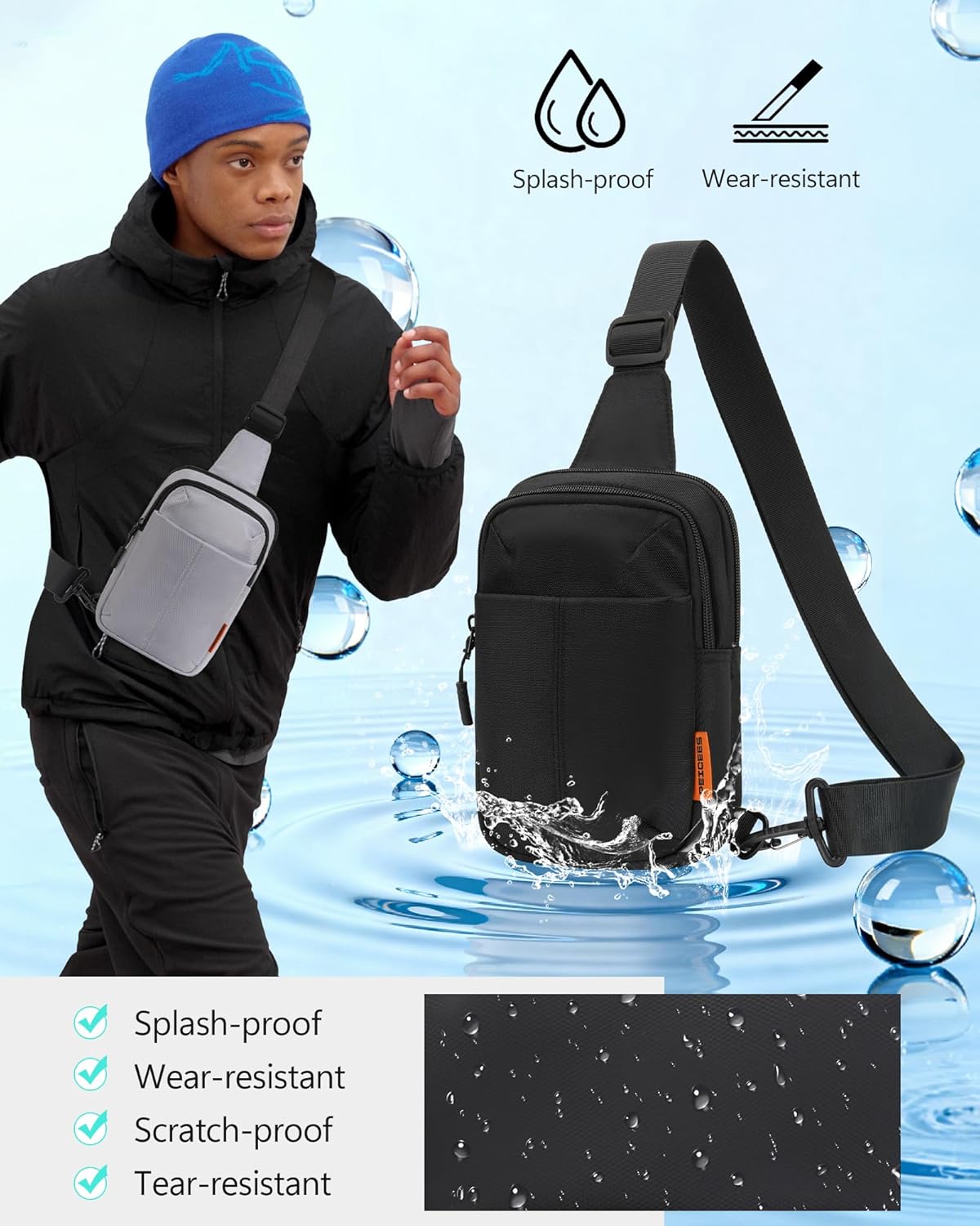 Peicees Small Anti Theft Sling Bag with Zipper Clip for Men Women, Waterproof Mini Crossbody Chest Bag for Travel Work Sport