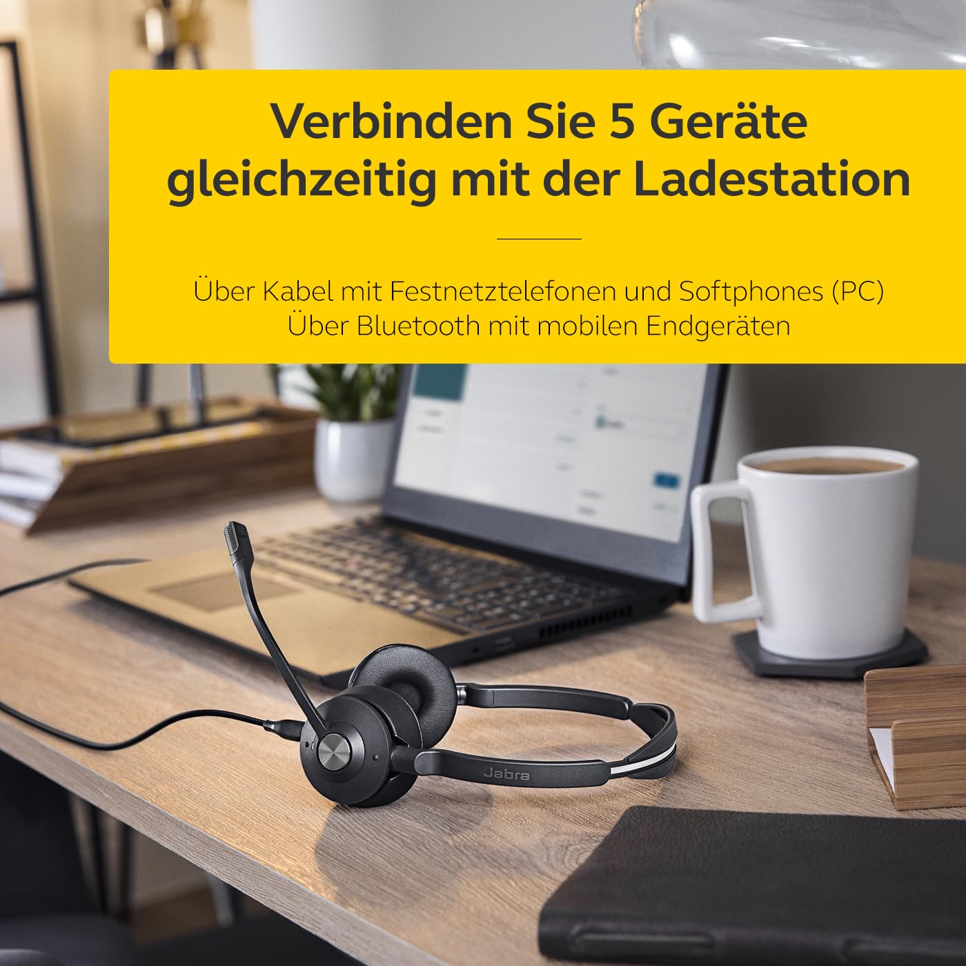 Jabra Engage 75 SE Drahtloses Stereo-Headset für professionelle Anrufe, DECT, 150 m Reichweite, USB-C zu USB-A mit fortschrittlichem Mikrofon mit Geräuschunterdrückung, mit Standfuß, Kabel - Schwarz