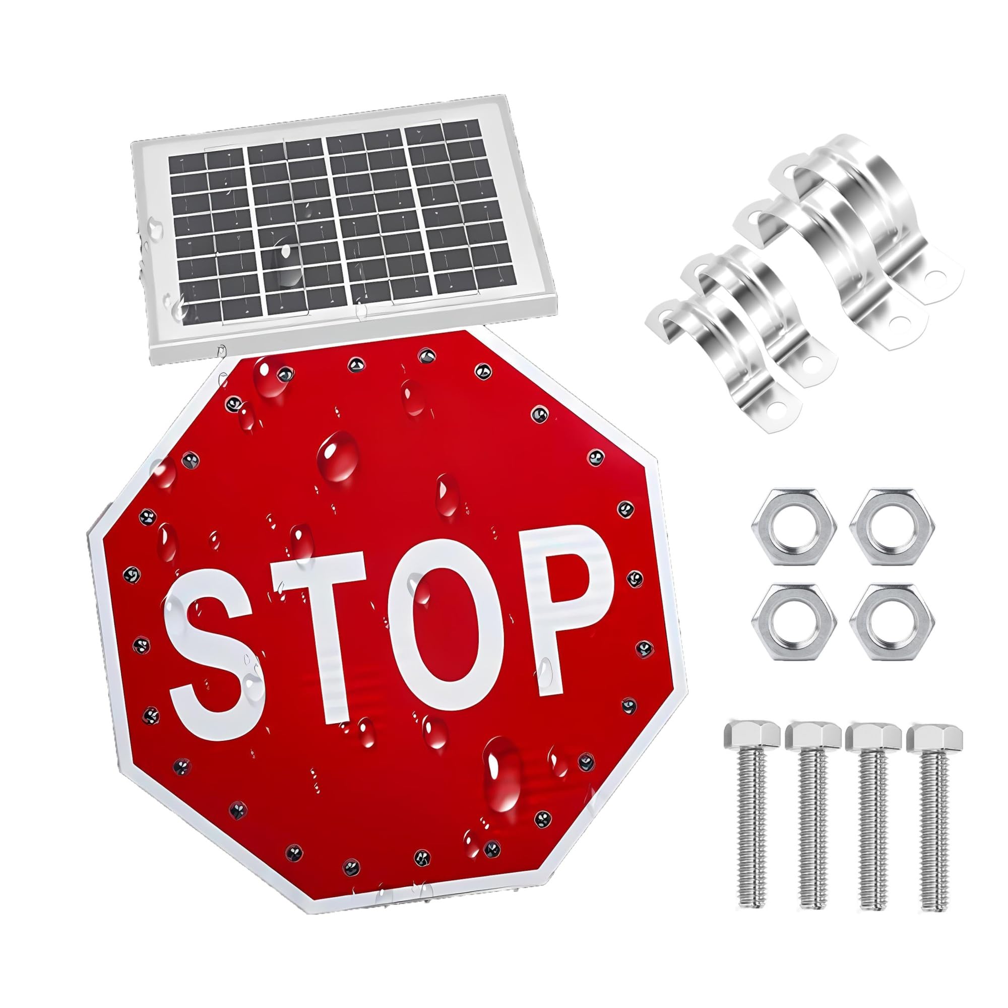 Solar Powered Led Stop Sign 24" 30" Octagon Flashing Traffic Road Sign, Aluminum Metal Blinking Warning with 24 LEDs, 800m Visibility IP65 Waterproof for Street.(30in)