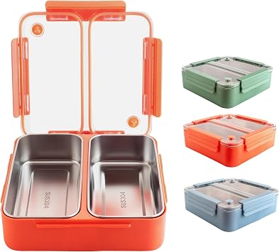 Bento Lunch Box 1100ml for Adults and Kids Large Capacity with Two Stainless Steel Compartments Leakproof Lunchbox for Work and School Prepare Meal Container Coral-Orange