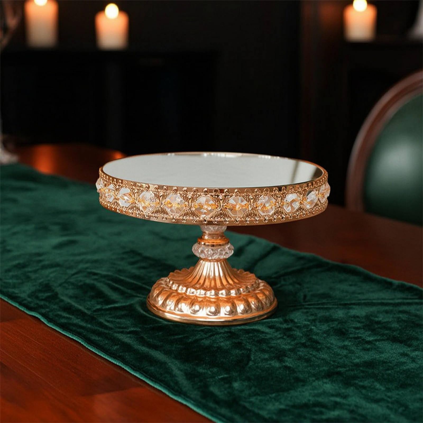 Spiegelnder Kuchenständer Tortenständer Dessertständer Kuchenplatte mit Erhöhter Basis Und Spiegeloberfläche Glitzernder Kristalloptik aus Eisen Und , Gold , Groß