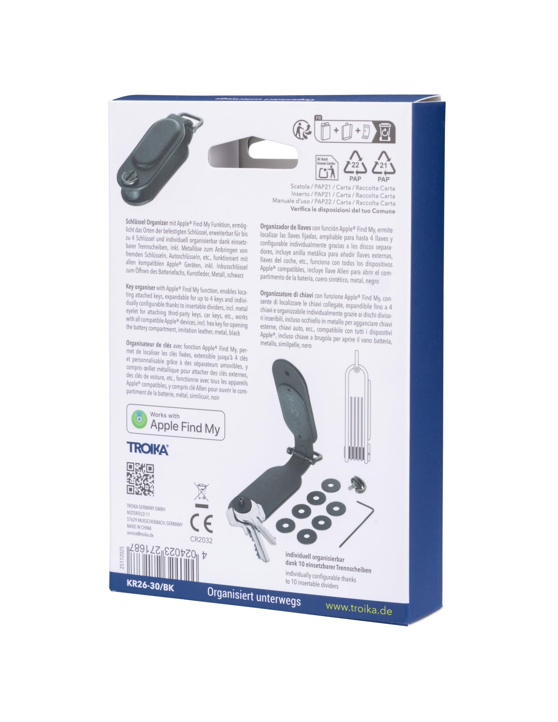 TROIKA Lokalizator kluczy Apple® Find My funkcyjny Track & Find Key organizer z możliwością lokalizacji zamocowanych kluczy i możliwość rozszerzenia do 4 kluczy ze sztucznej skóry i metalu w kolorze