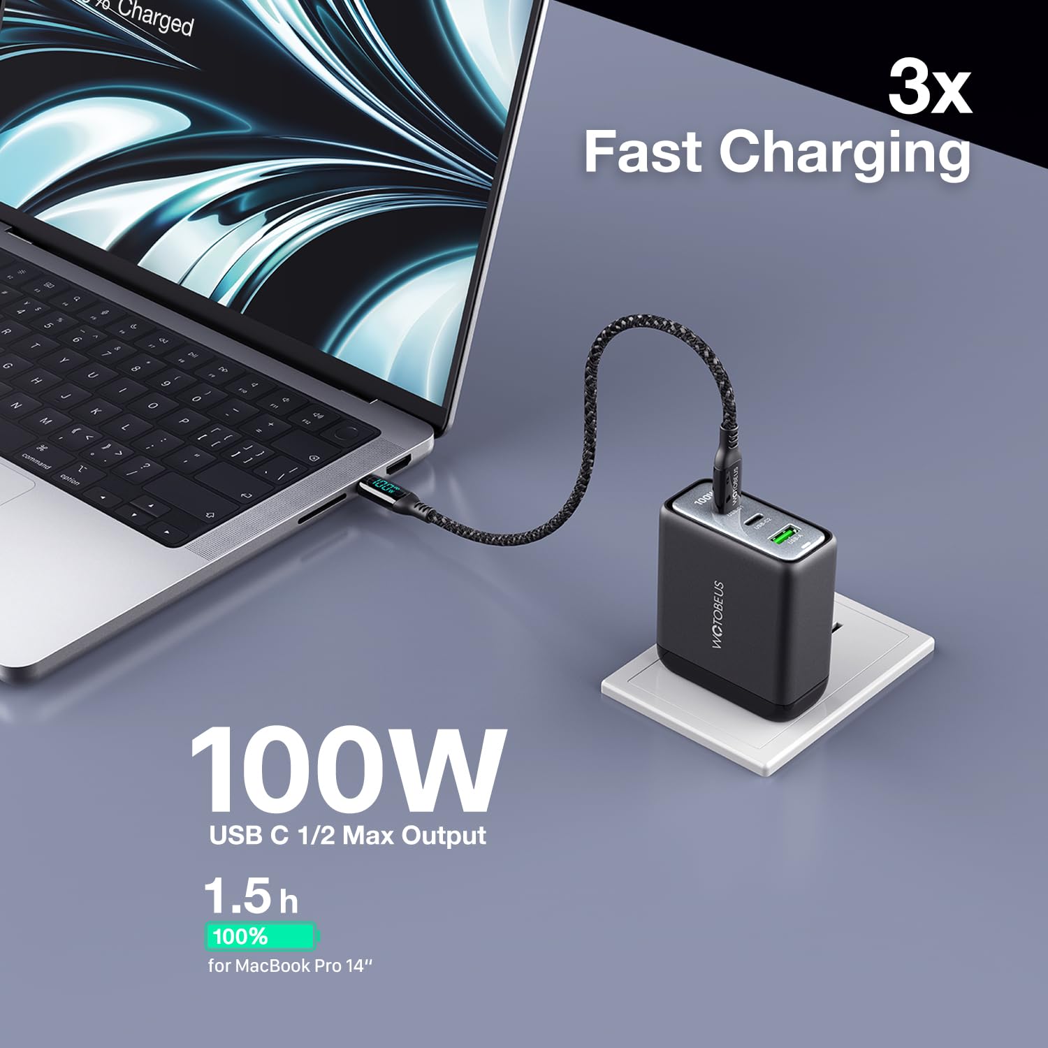 WOTOBEUS USB C GaN Wall Charger Block with ETL, Type-C Laptops Power Adapter PD3.0 100W 65W 20W, Cable with Power Display, for iPhone 17/16/15 Galaxy Pixel Motorola MacBook & Laptops