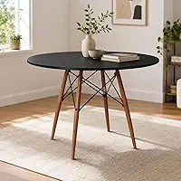 Mesa De Jantar Redonda 90cm Para 4 Lugares Com Base Madeira Estrutura Metálica Moderna(Preto)
