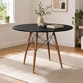 Mesa De Jantar Redonda 90cm Para 4 Lugares Com Base Madeira Estrutura Metálica Moderna(Preto)