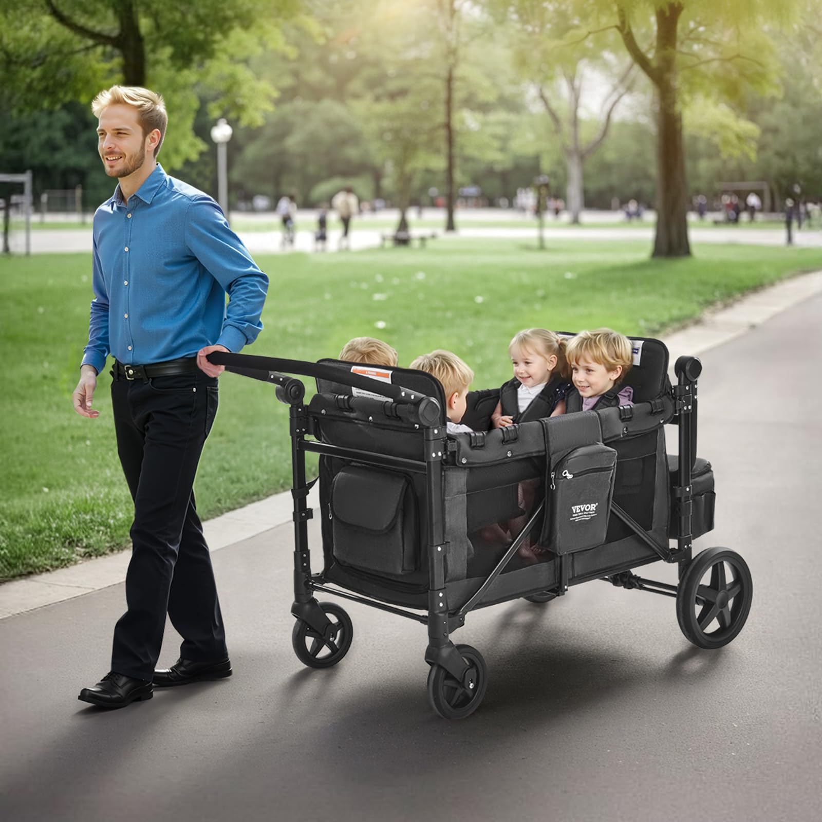 VEVOR Passeggino a Quattro Posti per 4 Bambini, Pieghevole con Maniglia Regolabile, Imbracatura di Sicurezza Tettuccio Rimovibile, Passeggino Comodo, Grigio Scuro e Nero, Carico 150 kg