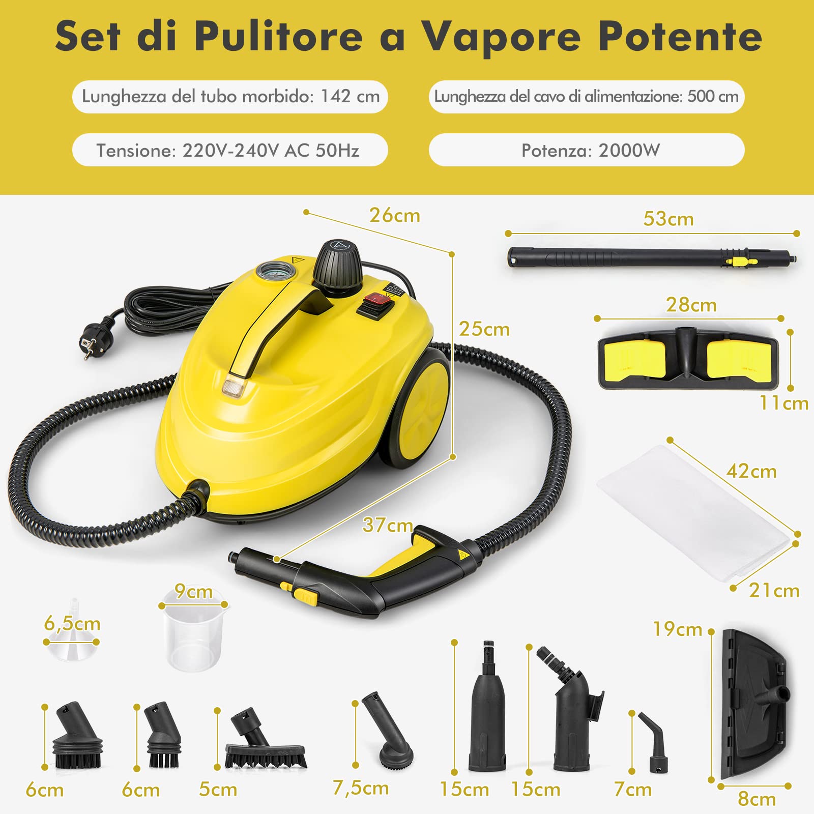 COSTWAY 2000W Pulitore a Vapore, Macchina per Pulizia Rotante con 13 Accessori, Capacità d'Acqua di 1,8L, Macchina a Vapore Multiuso per Tappeti Finestre Vetri e Tende (Giallo)