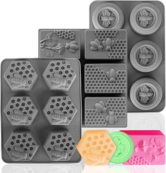 More Styles Optional Fuehbur 3 Pack Bee Soap Silicone Molds Set, Round + Rectangular + Hexagon Shape 6 Cavities Honeycomb Moulds, Wax Melts Beeswax - 3PCS