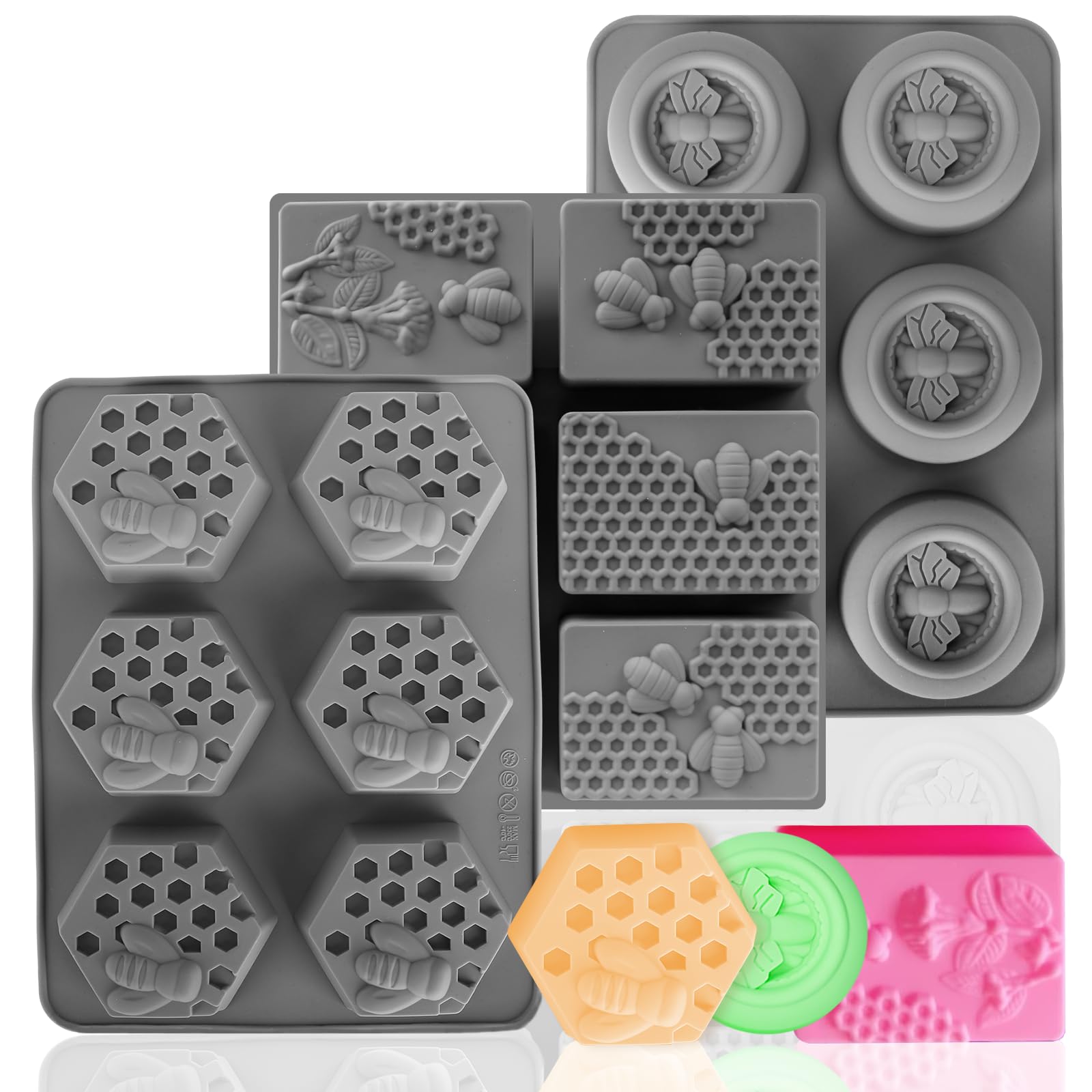Photo 1 of (More Styles Optional) Fuehbur 3 Pack Bee Soap Silicone Molds Set, Round + Rectangular + Hexagon Shape 6 Cavities Honeycomb Moulds, Wax Melts Beeswax - 3PCS
