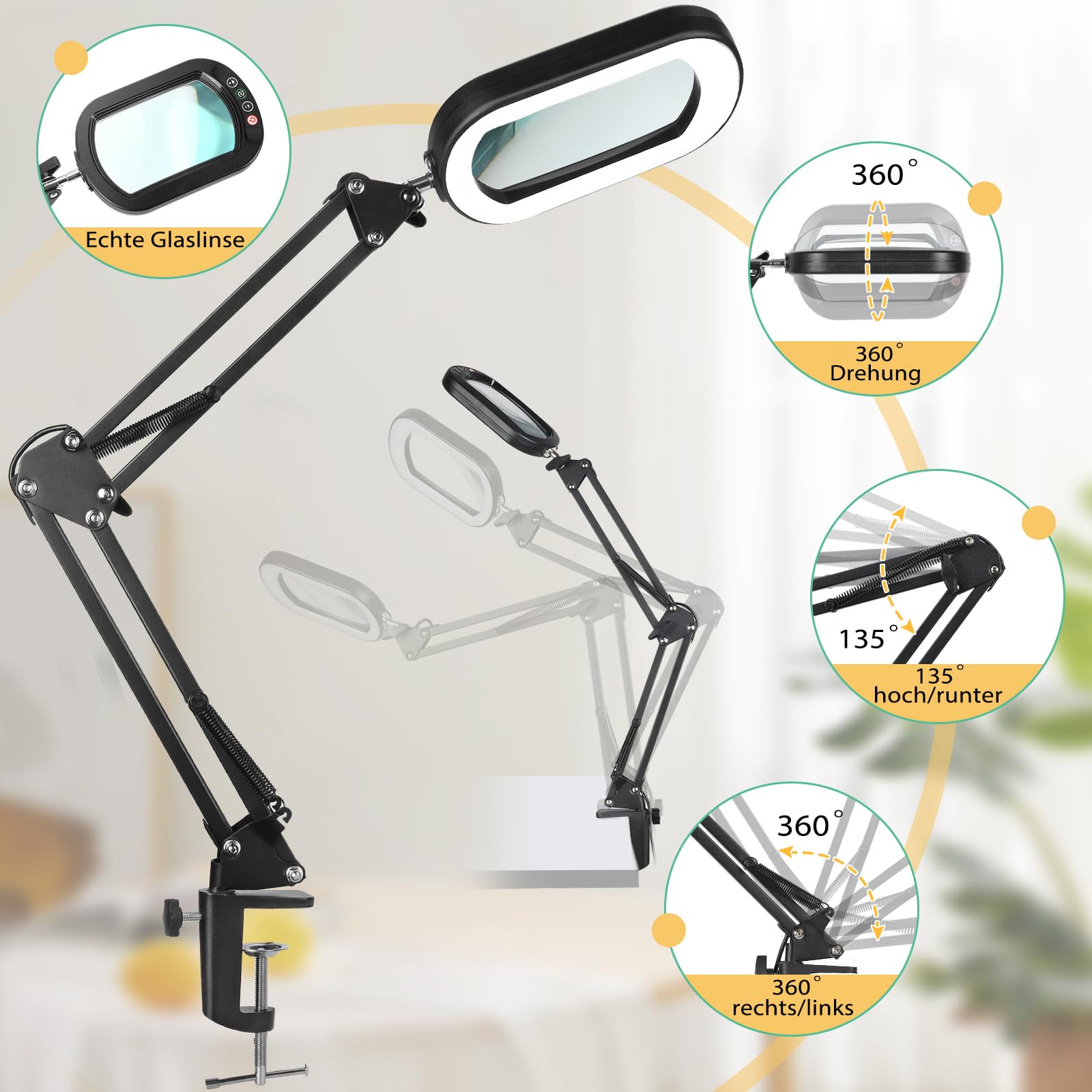 Drdefi 12X Lupe mit Licht und Klemme, Echtes Glas Ständer-Beleuchtung Lupe, 5 Farbmodi und stufenloser Dimmbarkeit LED Schreibtischlampe Freihändige für Handwerk Hobbys Lesen Malen Nähen und Naharbeit