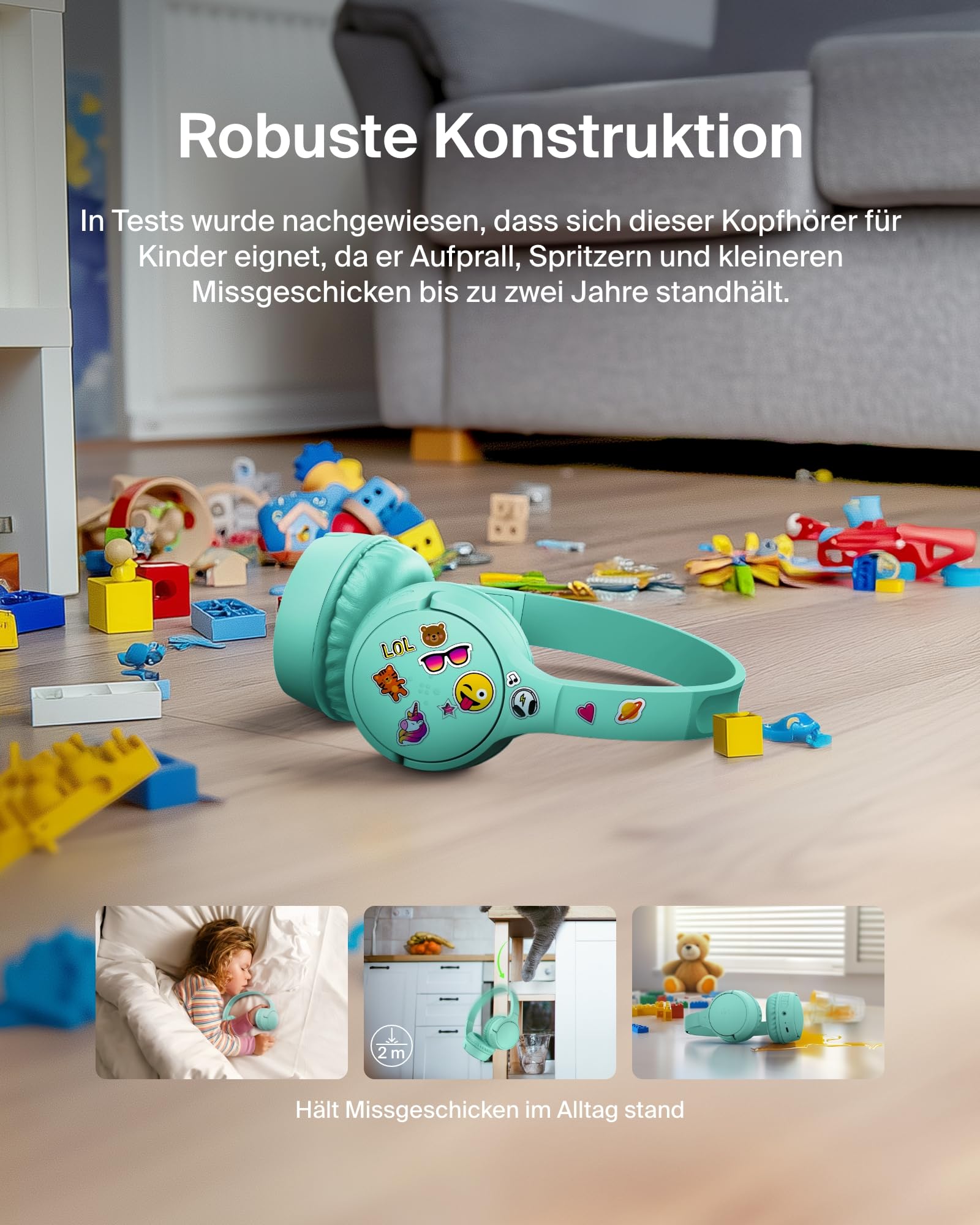 Belkin SoundForm Mini kabelloser Kinderkopfhörer mit integriertem Mikrofon und lustigen Aufklebern, 30 Std. Wiedergabe – Over-Ear-Kopfhörer für Unterricht, Ferien, iPhone, iPad, Galaxy – Mint