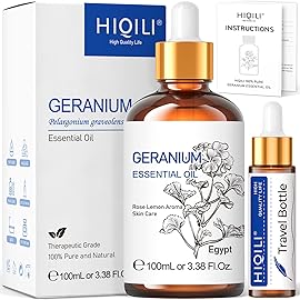 HIQILI 100ML Geranium Essential Oil for Skin, Diffuser & Candle, 100% Pure and Natural - 3.38 Fl Oz