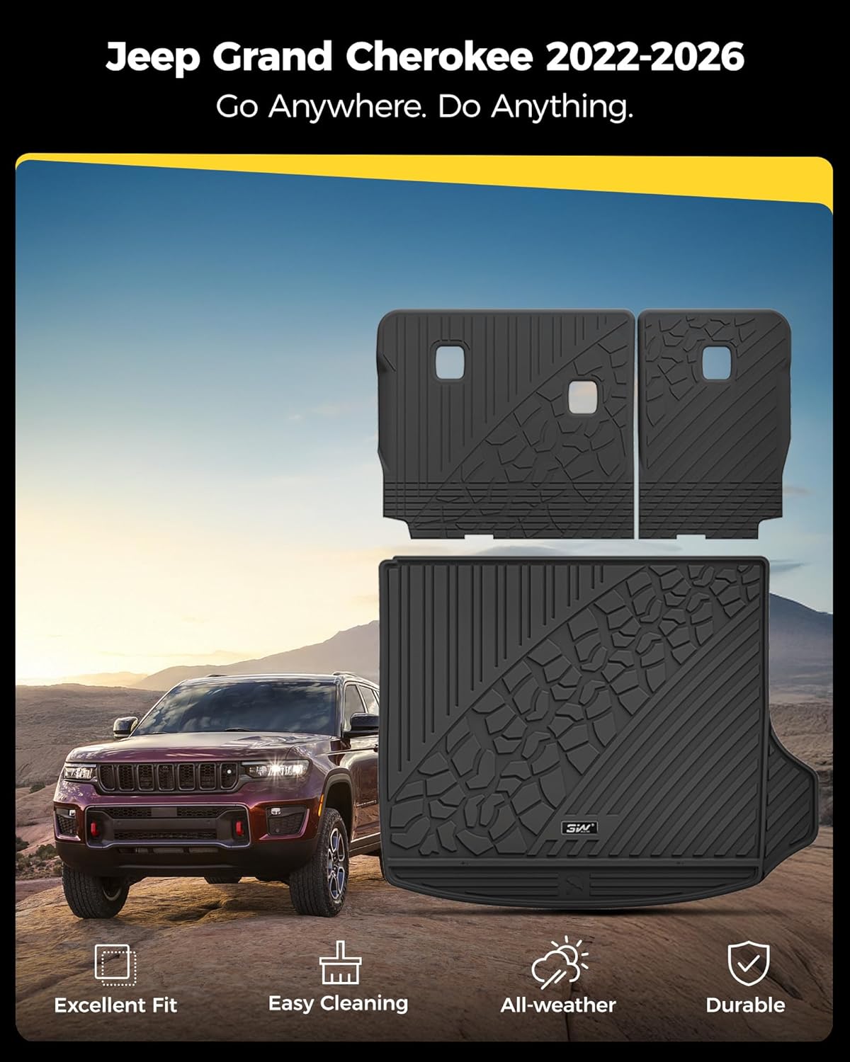 3W Cargo Mat for 2022-2025 2026 Jeep Grand Cherokee Accessories, Full Coverage All Weather Trunk Cargo Liner with Backrest Protectors (Include 4xe Not for L or WK), Black Cherokee 2022-2026 Cargo Liner & Backrest