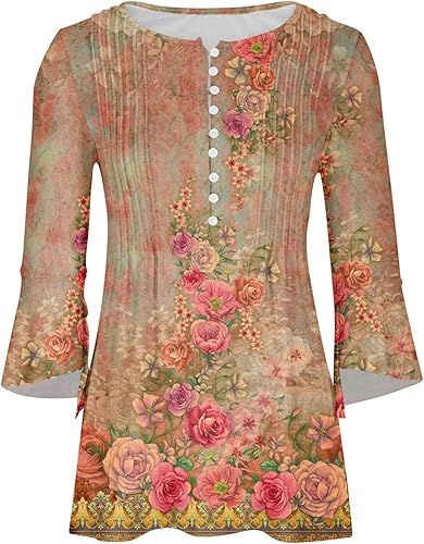 Miniatura 4 de Trompeta 34 Manga Tank Tops Mujer Floral Tie Dye Blusa Camisa básica fruncido corsé túnica plisado botón ropa