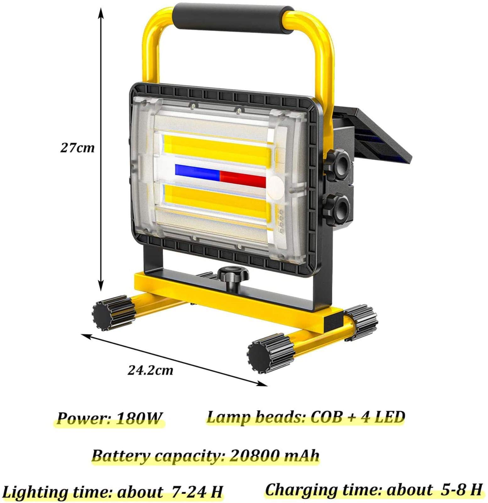 Luz de trabajo recargable, reflector LED de 180 W, foco USB de 5000 lm, IP65 impermeable, 4 modos de brillo, batería de 20800 mAh, ideal para construcción y uso en exteriores