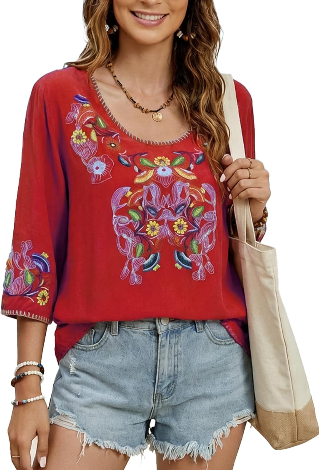 Women's Embroidered Tops 3/4 Sleeve Mexican Blouses Shirts Round Neck Dressy Tunics Peasant Tops Loose Fit
