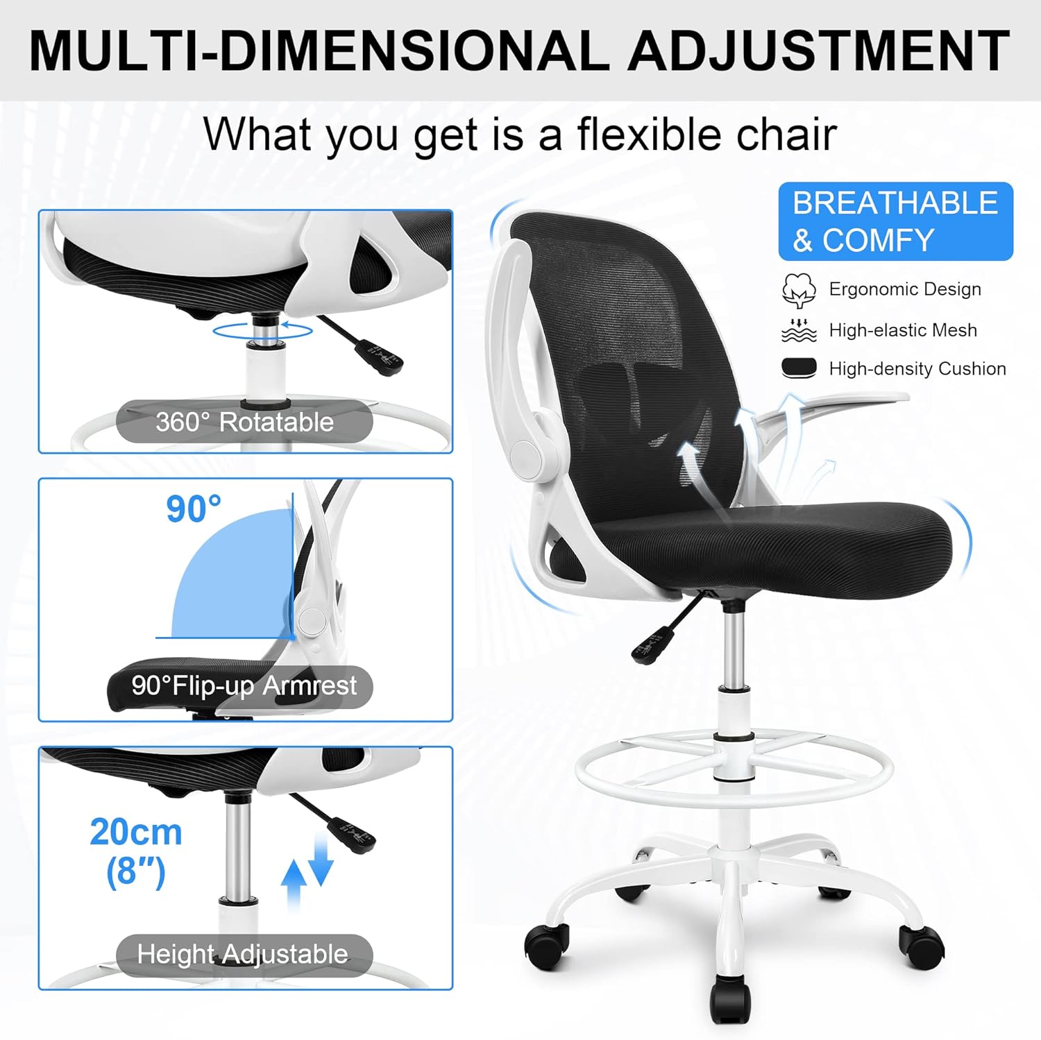 Primy Ergonomic Drafting Chair with Flip-up Armrests Tall Office Chair for Standing Desk Comfortable Desk Chair with Adjustable Footrest Ring and Lumbar Support in Gray Perfect for Home (White) - Image 5