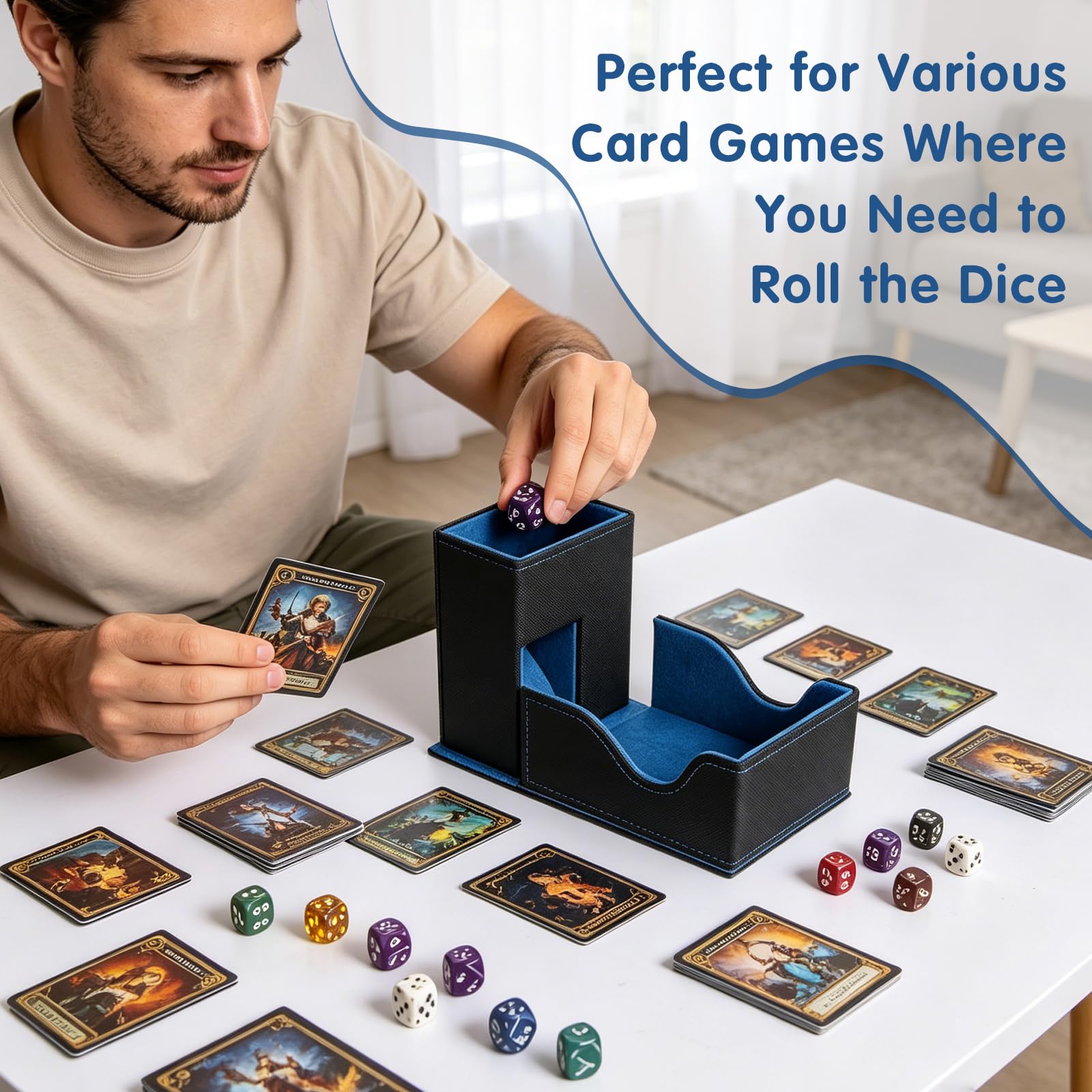Wieża Kostkowa 3 w 1 i Pudełko na Kostki, Składana Magnetyczna Taca do Kostek, Akcesoria do Gry Planszowej Dungeons & Dragons, Magic The Gathering, Skóra PU, Czarny i Niebieski