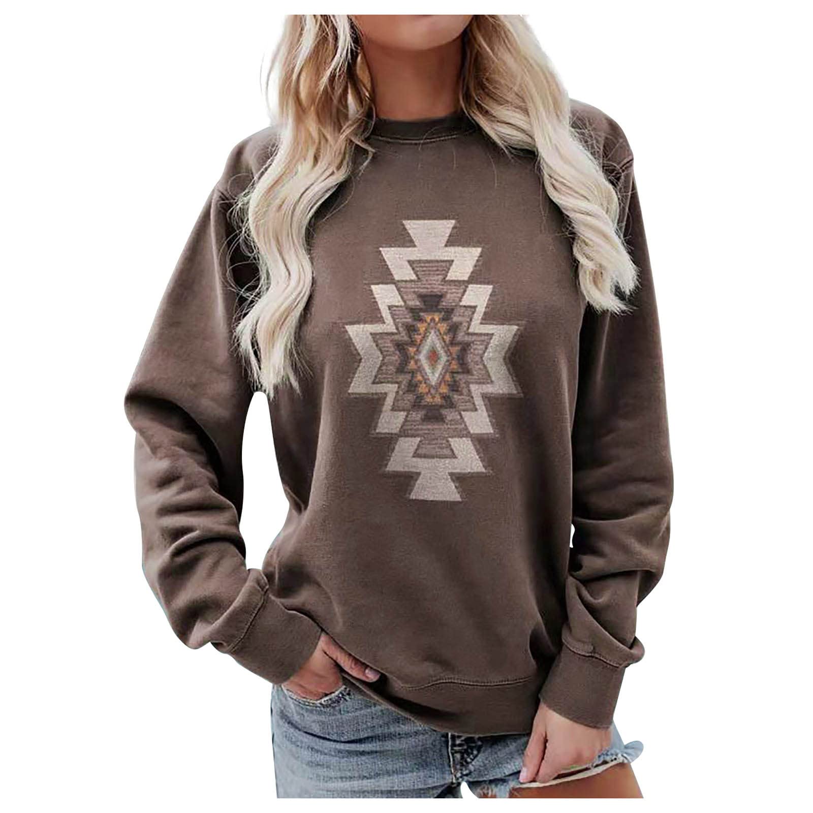 Mnhhatv Womens Aztec Geometric Graphic Sweatshirts Vintage Loose Fit Long Sleeve Shirts Western Cowgirl Tops Plus Size Blouse Coffee