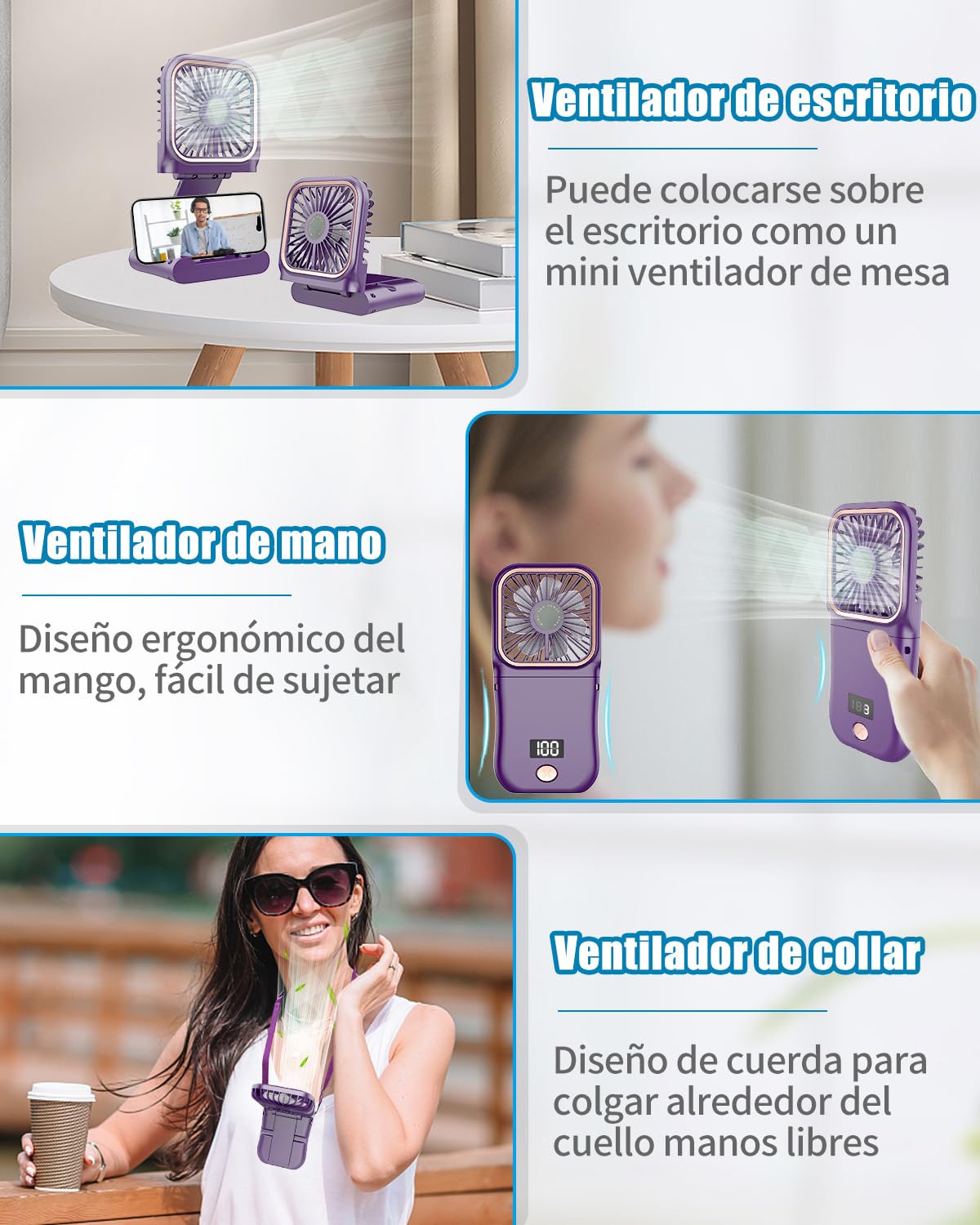 DDKJ Ventilador de Mano Recargable,Plegable 180° Ajustable,3 Velocidades,7 Horas,Pantalla Digital,Mini Ventilador Portatil para Viajes/Oficina/Actividades al Aire Libre-Morado