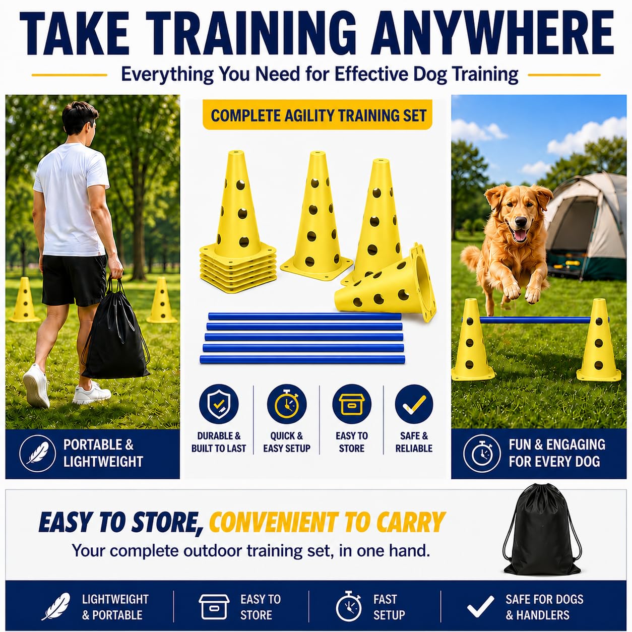 Agility Set Hunde mit 6 Hürden, Cavaletti Hund Trainingsset, 12 Verstellbare Stangen & 12 Pylonen mit Tragetasche, Hunde Agility Zubehör für Hundetraining, Hundesport, Hobby Horse & Kinder Parcours