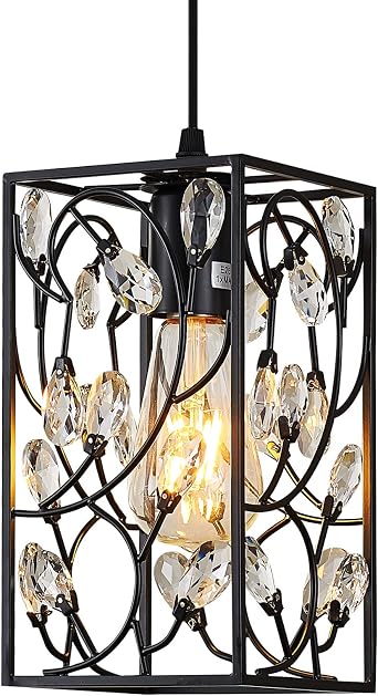 Modern Mini Crystal Pendant Light with Metal Cage 1-Light Rectangular Pendant Lighting Fixture for Kitchen Island Sink Countertop Dining Room Farmhouse, Matte Black Finish