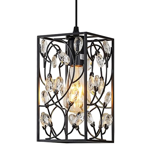 Modern Mini Crystal Pendant Light with Metal Cage 1-Light Rectangular