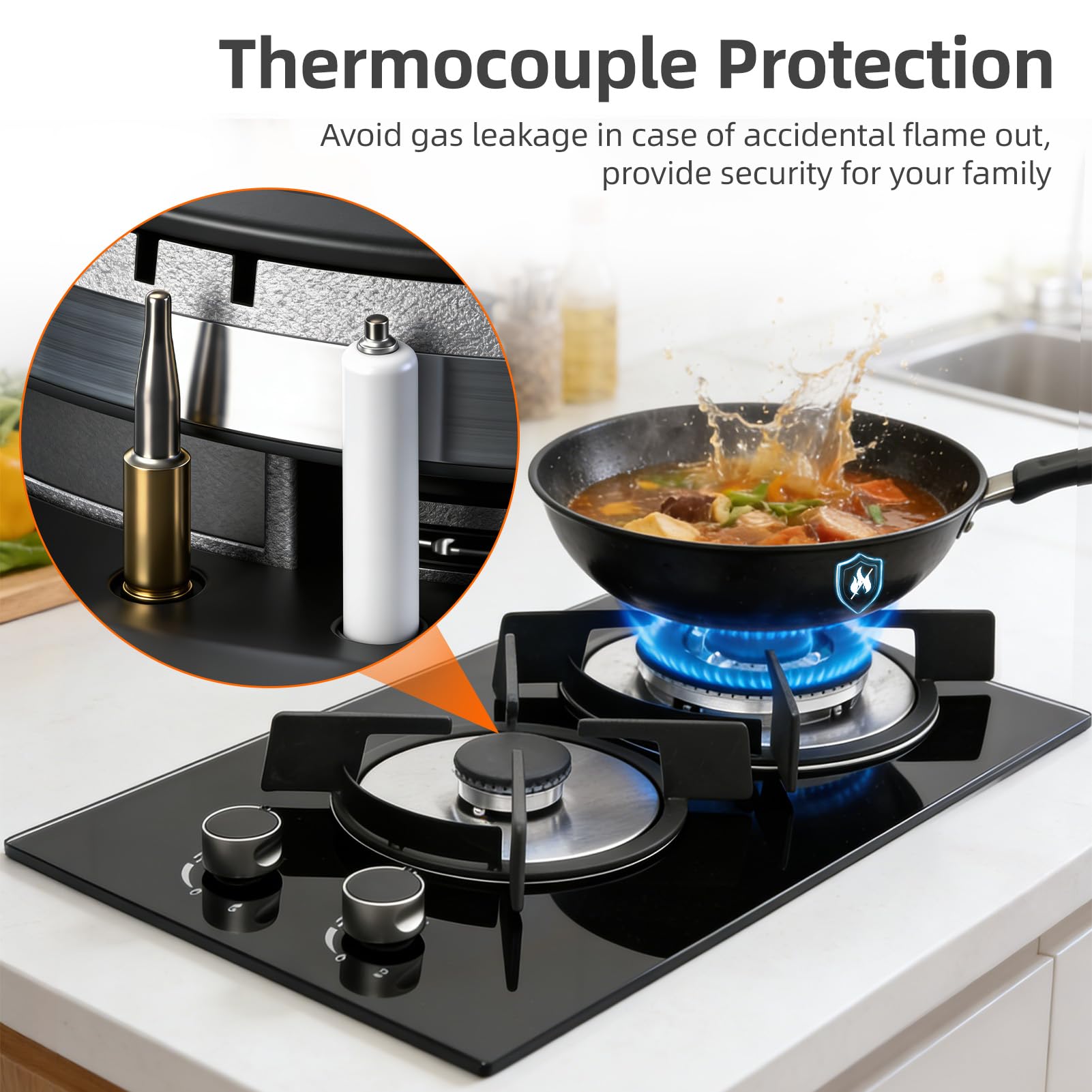 5050W Gas Hob 2 Burners, NG/LPG Convertible Induction Hob, 51cm Built-in Tempered Glass Panel, Electronic Lgnition + Flame Failure Protection (Black) — view 7