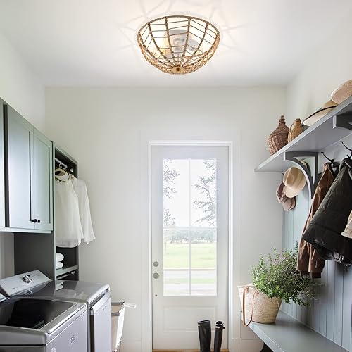 Miniatura 5 de ELYCCUPA Lámpara de techo de ratán tejida a mano, cordel, estilo bohemio, montaje empotrado, accesorios de iluminación de techo, mini candelabro