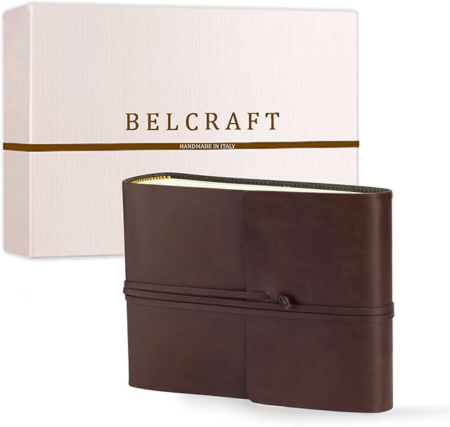 BELCRAFT MADE IN ITALY - Vietri Medium Recycled Leather Photo Album, Memory Photo Album, Scrapbook, Picture Album 6x4, Gift Idea & Gift for Family, Including BOX, A5 (16x21 cm) Brown