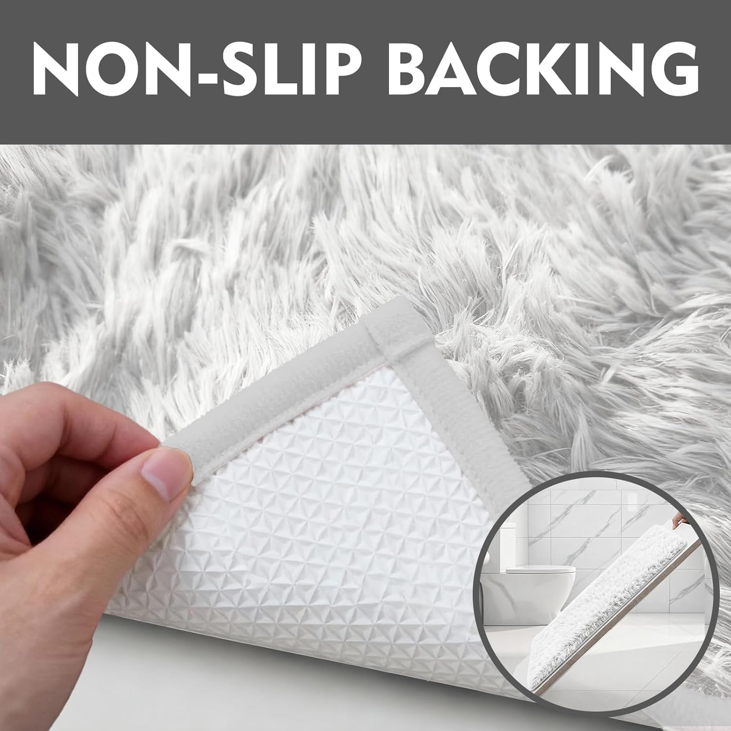 RUN HELIX Shaggy Bathroom Rugs Sets 3Piece Bath Mat for Bathrom Non-Slip Bathrom Mats Water Absorbent Bath Rug Floor Mats Soft Washable Shower Rug with U-Shaped Contour Rug Toilet Lid Cover White