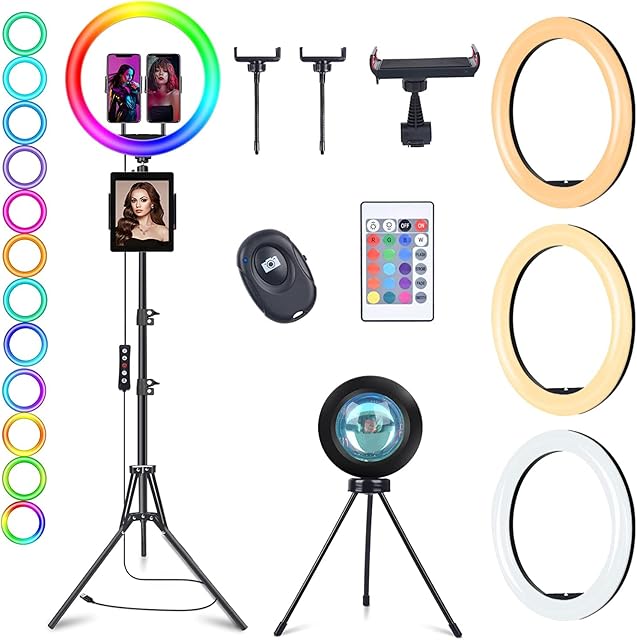 13" Ring Light with Sunset Lamp, 63" Tall Selfie Ring Light with Tripod Stand & Phone Holders LED USB Ring Light with 50 RGB Modes, 12 Dimmable Brightness Levels for Live Streaming, Tiktok, YouTube