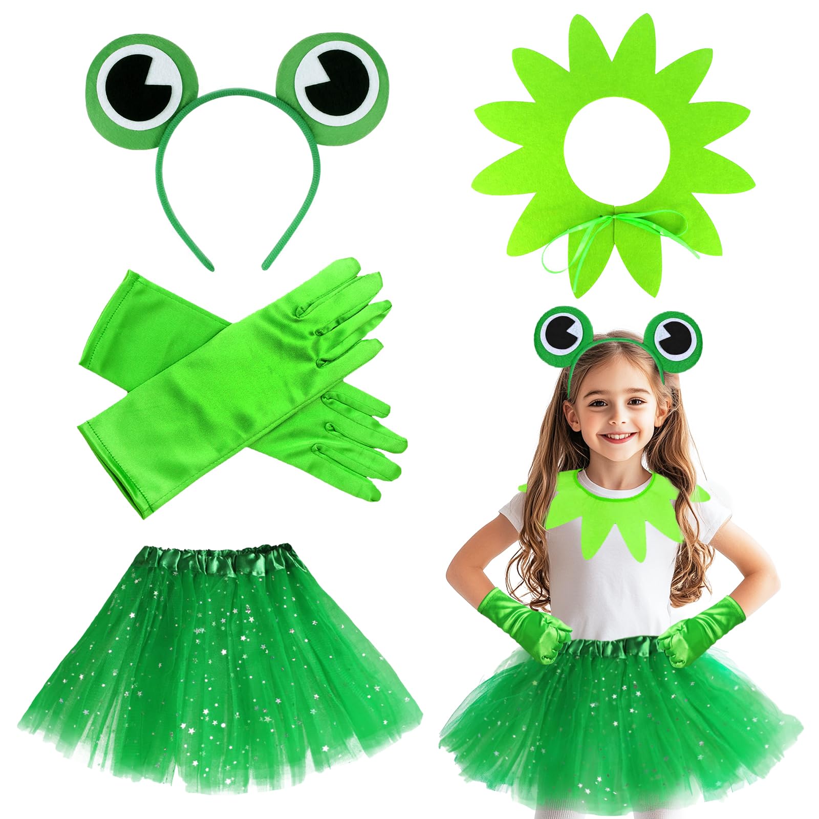 Kyndara 4Pcs Frog Costume Accessories Set, Frog Dress Up Kit with Tutu Skirt Headband Collar Gloves for World Book Day Animal Theme Party Halloween Carnival Cosplay