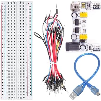 DC 5V/3.3V 2 Channel Breadboard Power Module Mini USB Interface+ MB-102 Breadboard+Solderless Flexible Breadboard Jumper Wires Cable with Mini USB Cable for Arduino