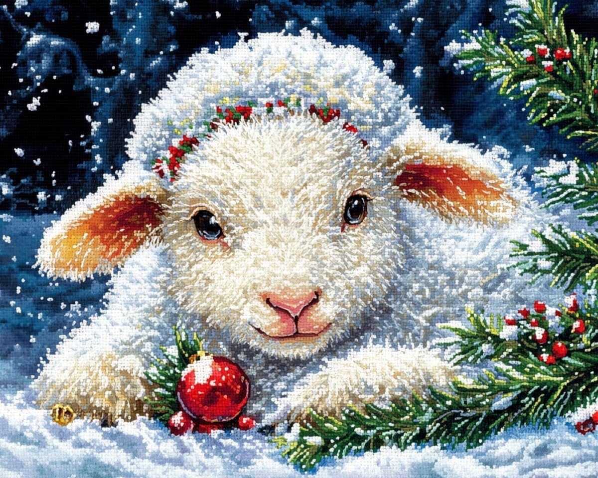 AxiangziK 12x16 Inch Cross Stitch Kit,Christmas Snow Scene Sheep 30x40cm Pre Printed Embroidery Kit for Adults,DIY Needlepoint Wall Art Home Decor