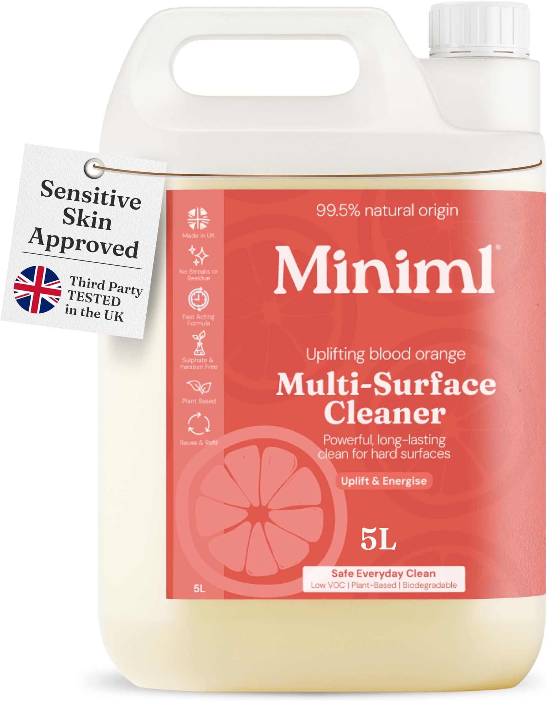 Eco Multi Surface Cleaner General Purpose Spray 5L Refill – Blood Orange Scented for Cleaning All Surfaces Floors Walls Glass Kitchen Bathroom - Natural Plant Based Vegan Formula & Cruelty Free
