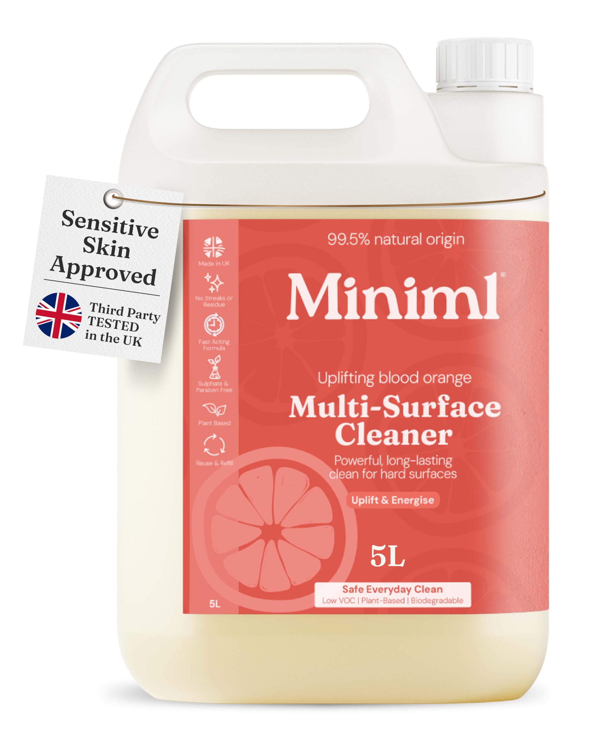 Miniml Eco Multi Surface Cleaner General Purpose Spray 5L Refill – Blood Orange Scented for Cleaning All Surfaces Floors Walls Glass Kitchen Bathroom - Natural Plant Based Vegan Formula & Cruelty Free