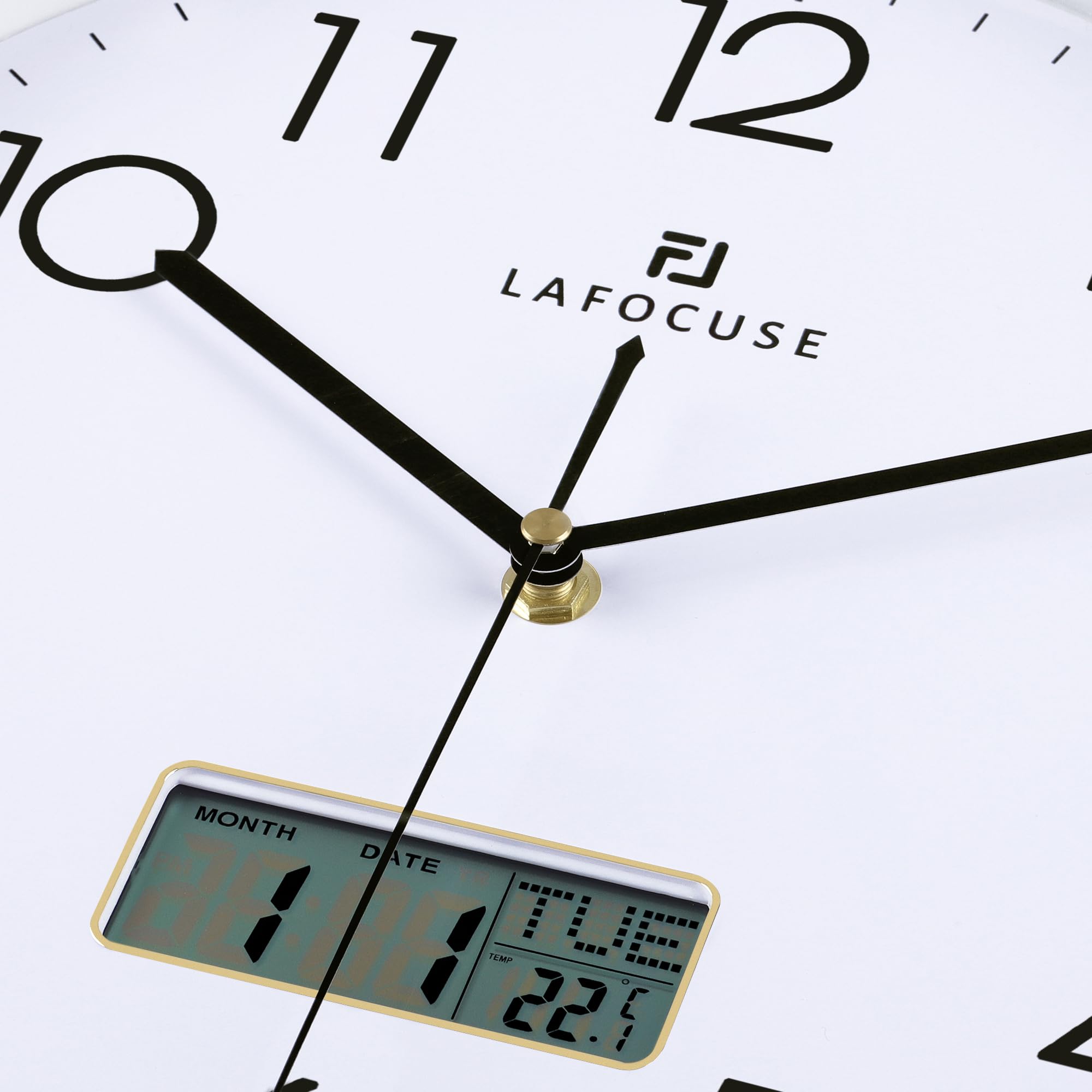Lafocuse 30cm Orologio da Parete con Digitale LCD Datario e Termometro, Silenzioso Orologio Moderno Verde, senza Ticchettio per Cucina Camera da Letto Soggiorno Ufficio