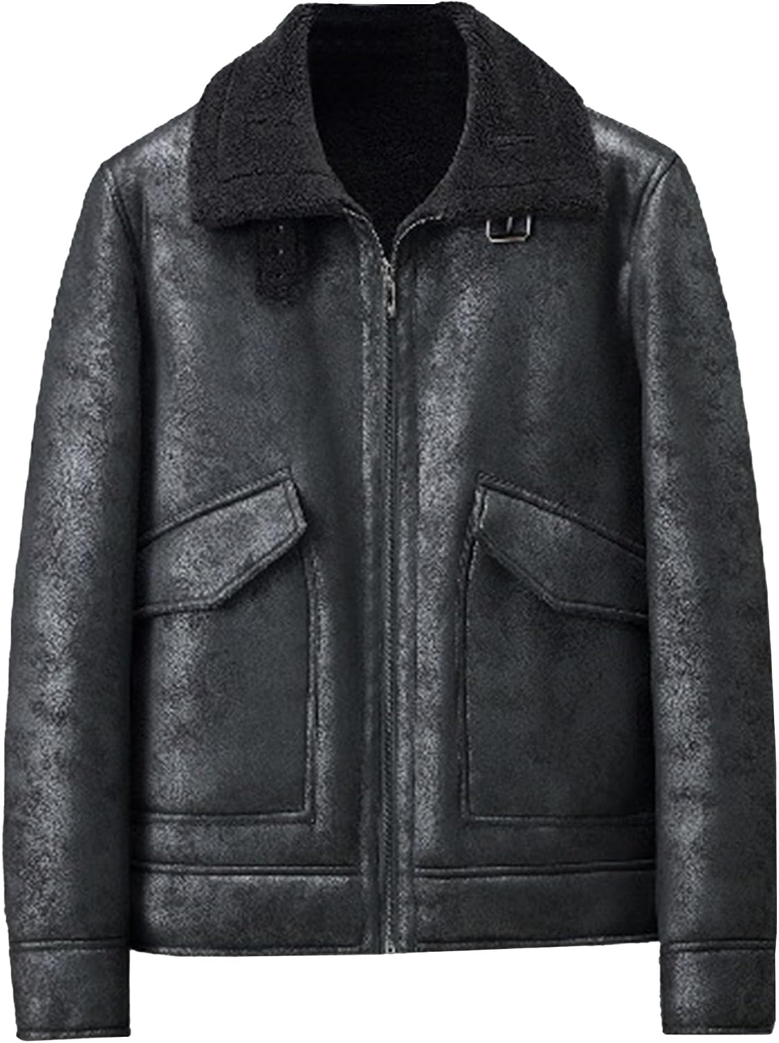 Men's Lapel Faux Leather Thickened Jacket Vintage Motorcycle Zip UP Jackets Outdoor Fleece Lined Windproof Coats