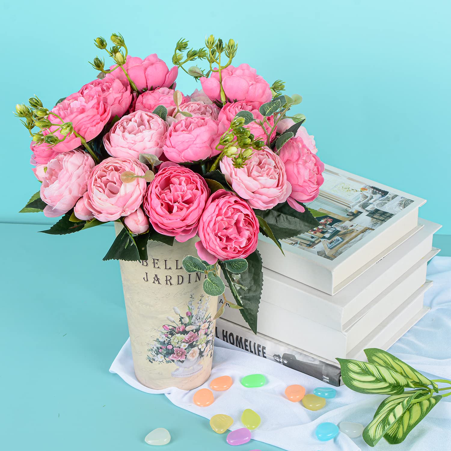 XONOR 4 mazzi di Fiori Artificiali di peonia di Seta Fiori Finti di Gloriosa per la Decorazione Domestica della Festa Nuziale, 5 forchette, 9 Testa (Rosa Rossa e Rosa)