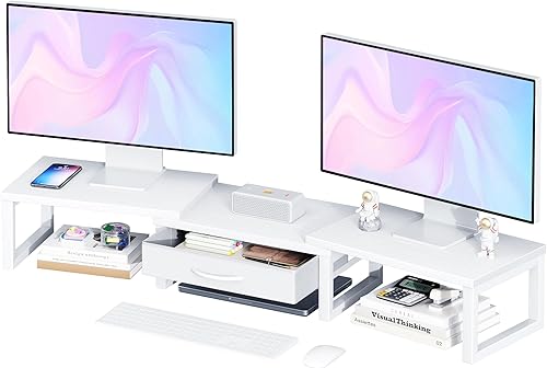 Soporte elevador de monitor doble, organizadores de escritorio y accesorios con cajón, soportes para monitor de computadora para escritorio, estante
