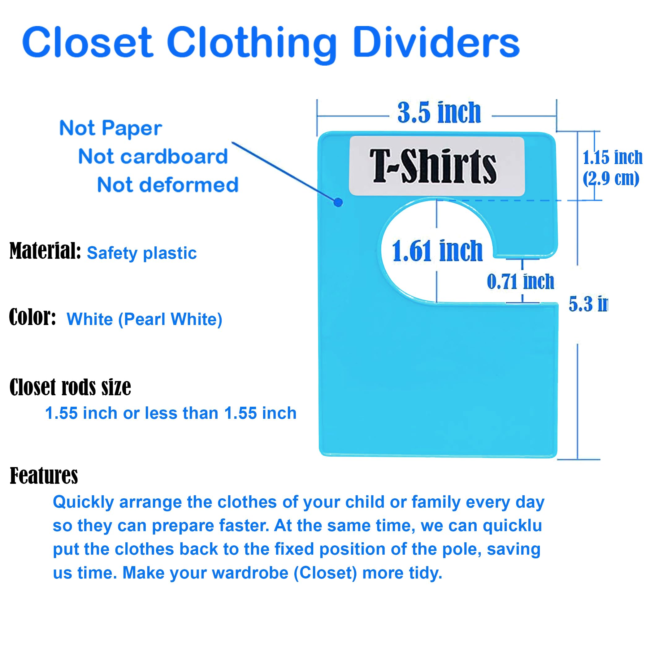 DMLNN 10 Pack White Clothing Rack Size Dividers Plus 60 Labels (1 Inch) and 16 Large Blank Labels, Large Rectangular Clothing Closet dividers (Pearl White)