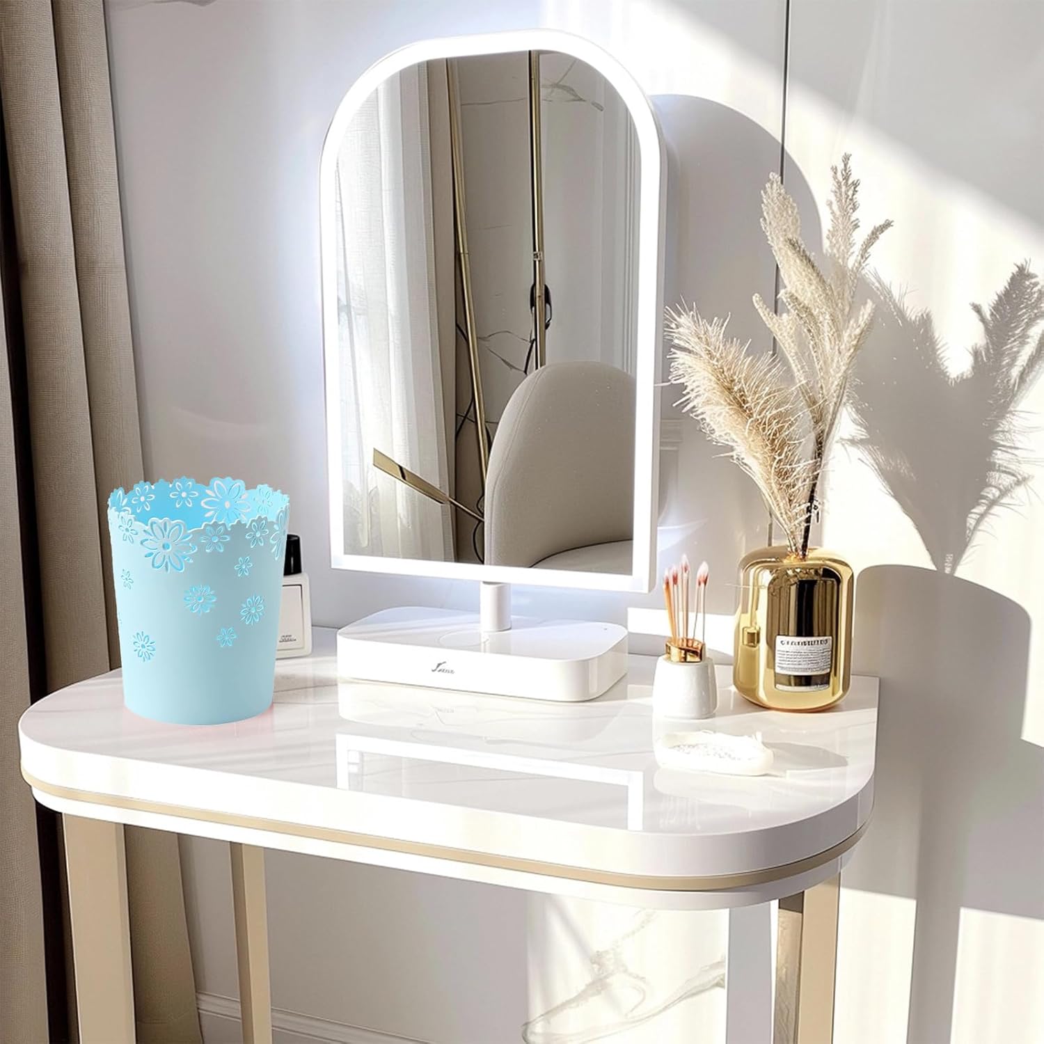 Mini Wastebasket Small Blue Trash can Office Plastic Garbage Can for Bathroom Vanity Desktop Office or Living Room (Blue, Large)