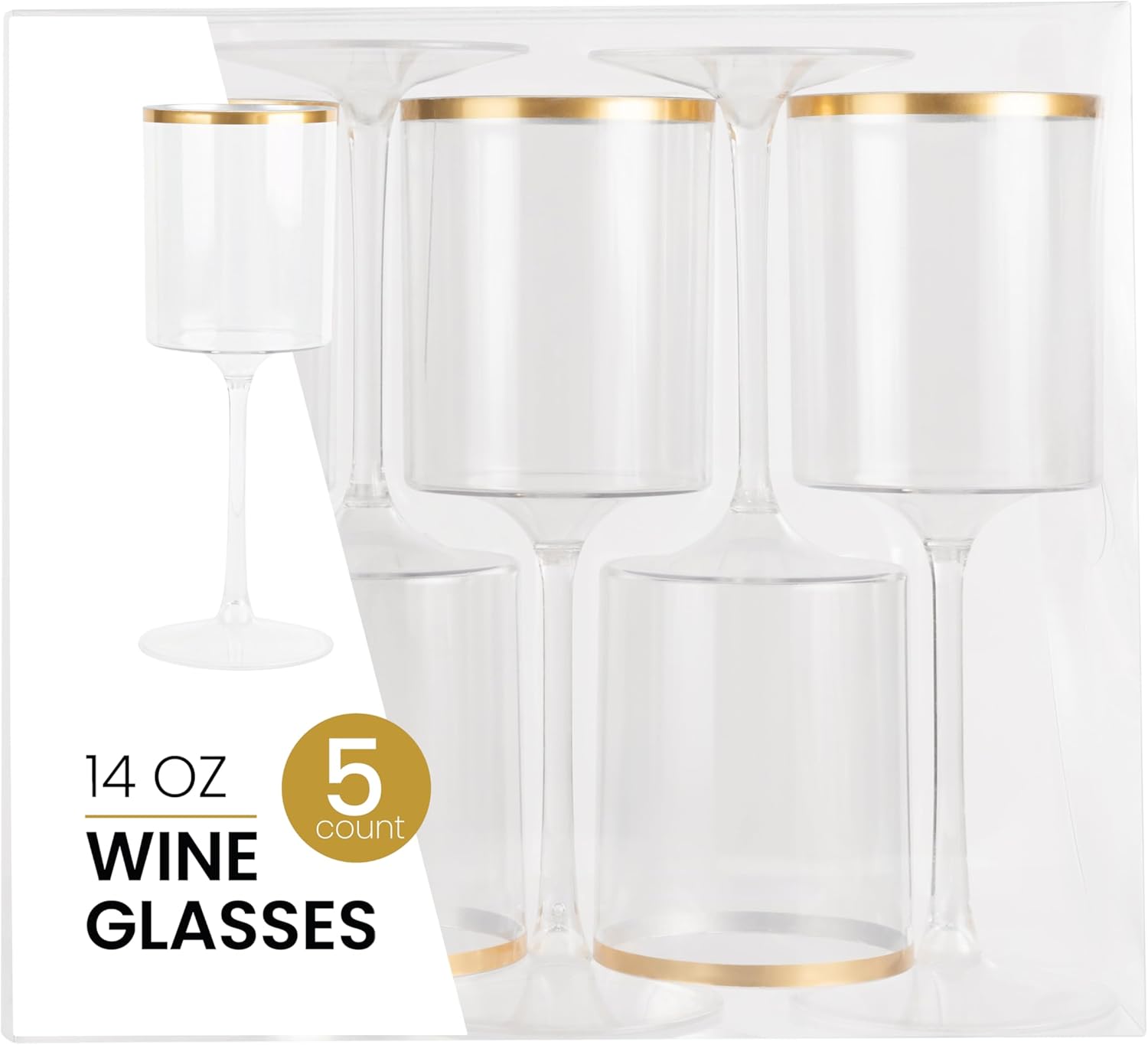 PLASTICPRO 10 Pack Plastic Wine Goblets 14 oz Disposable Wine Glasses with Stem Reusable Hard Plastic Drinking Glasses for Parties Weddings, Clear with Gold Rim