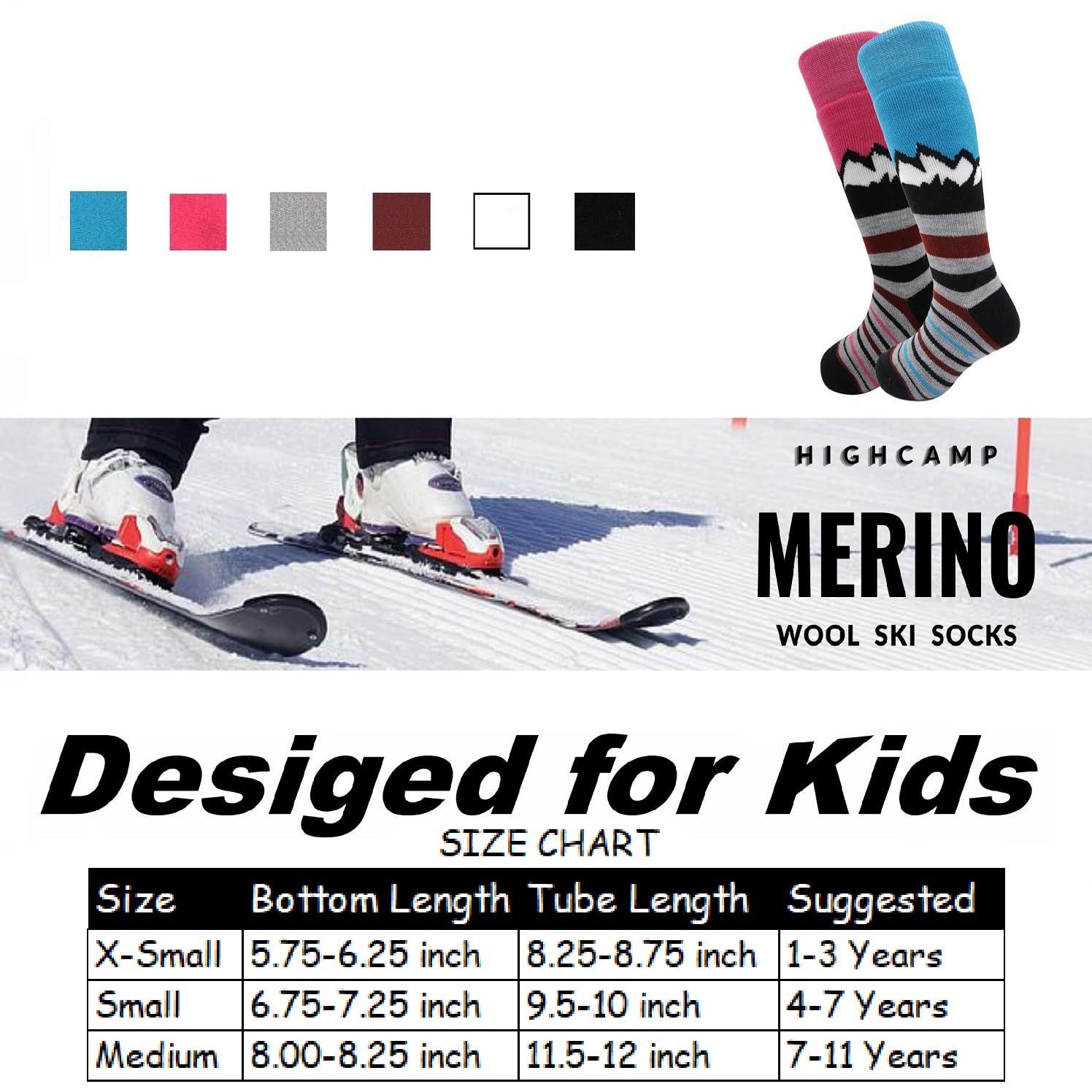 HIGHCAMP Lot de 2 paires de chaussettes de ski et de snowboard en laine mérinos pour enfant
