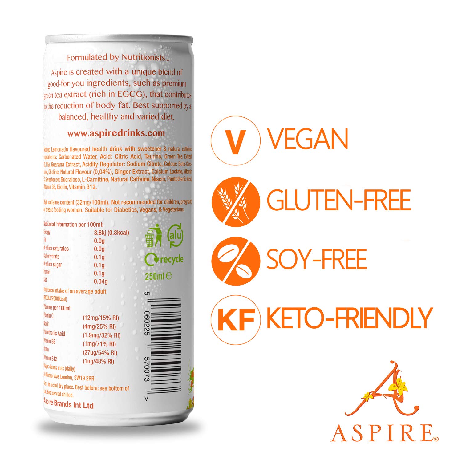 ASPIRE Healthy Energy Drink Mango Lemonade , 12 Pack Zero Calories