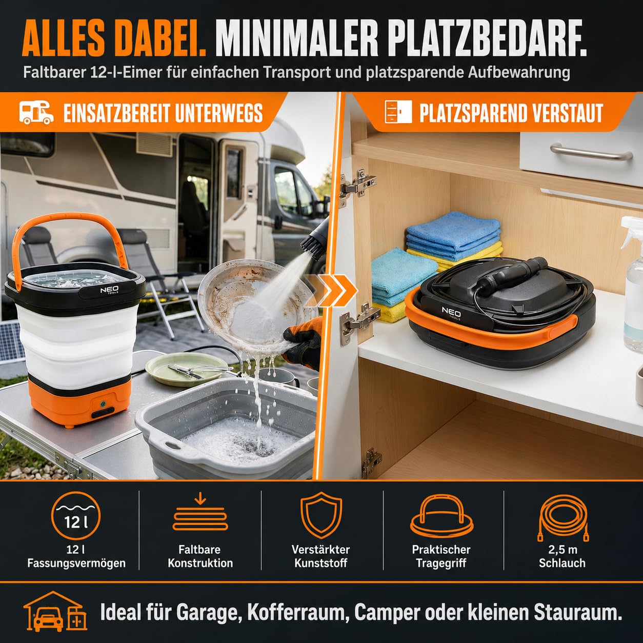 NEO TOOLS Druckreiniger Tragbarer Hochdruckreiniger mit 12L Wassertank