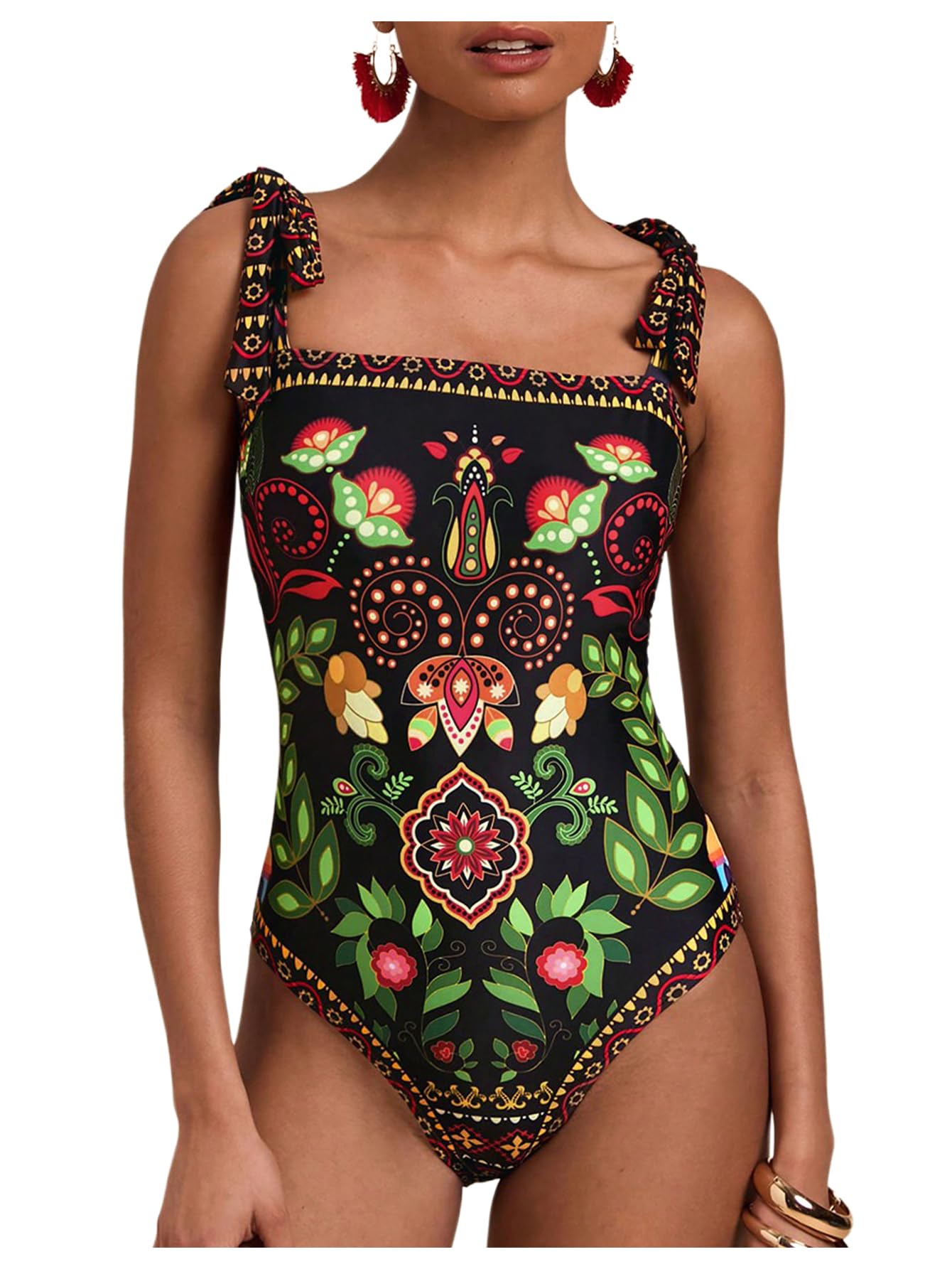 Floerns Costume da bagno intero da donna con stampa tropicale e spalle annodate