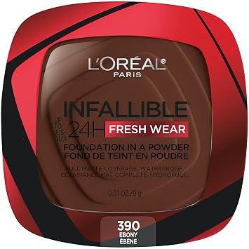 LOreal Paris Makeup Infallible Fresh Wear Foundation in a Powder, Up to 24H Wear, Waterproof, Ebony, 0.31 oz. Packaging May Vary